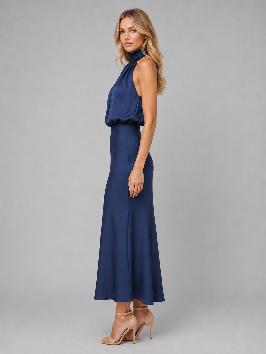 Women’s Satin Feel High Neck Midi Dress – Wedding Guest Occasion