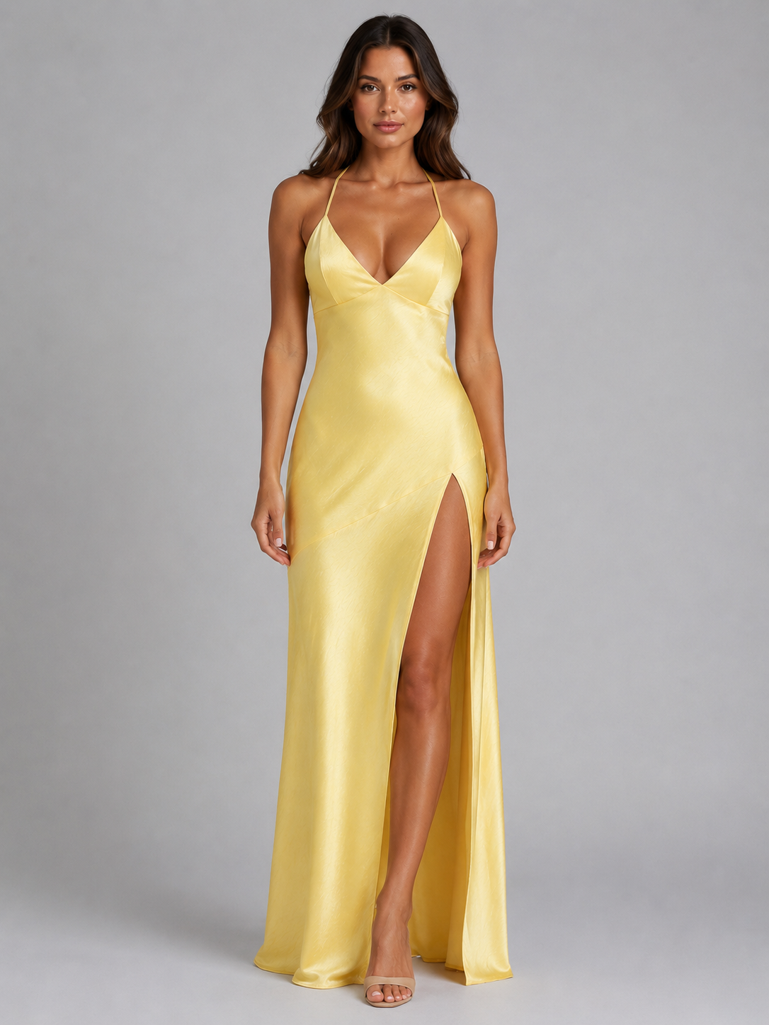 Women’s Satin Feel High Split Maxi Dress – Elegant Occasion Gown