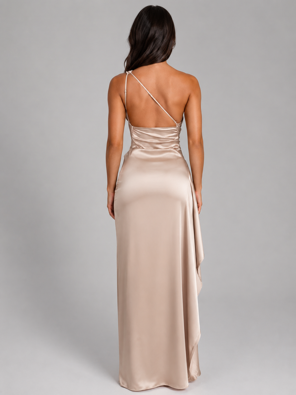 Women’s Satin Feel One-Shoulder Maxi Dress – High Split Evening Gown