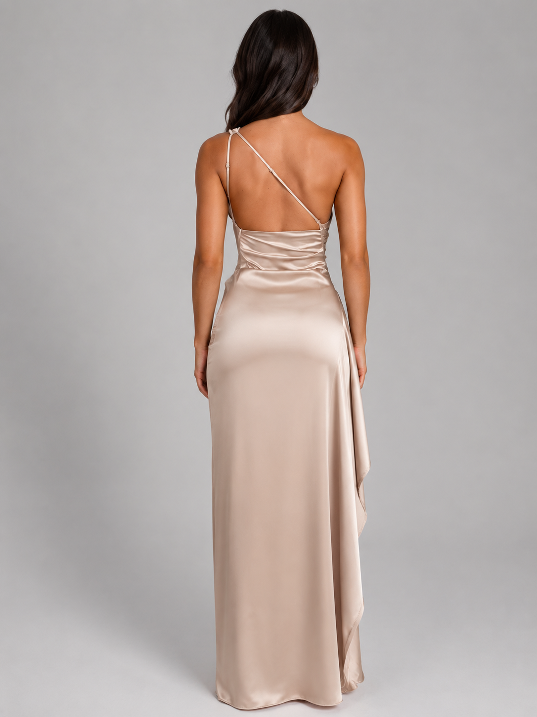 Women’s Satin Feel One-Shoulder Maxi Dress – High Split Evening Gown