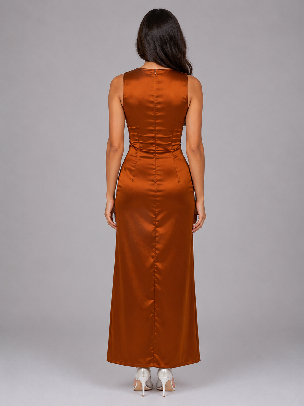 Women's Satin Feel Ruched Maxi Dress – Sleeveless Bodycon Evening Style