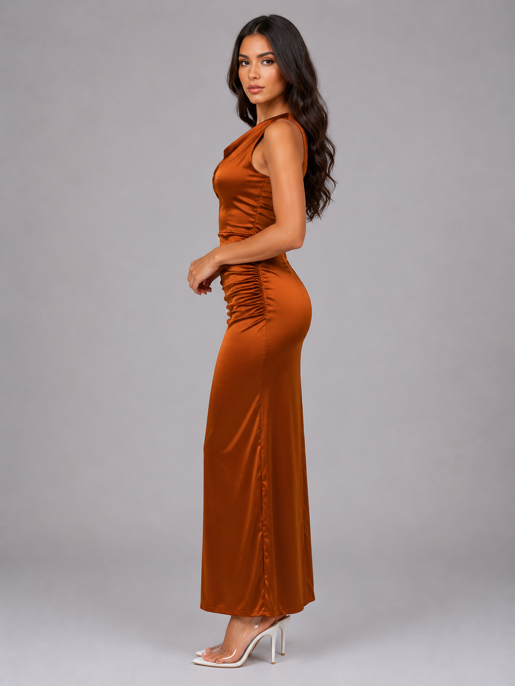 Women's Satin Feel Ruched Maxi Dress – Sleeveless Bodycon Evening Style
