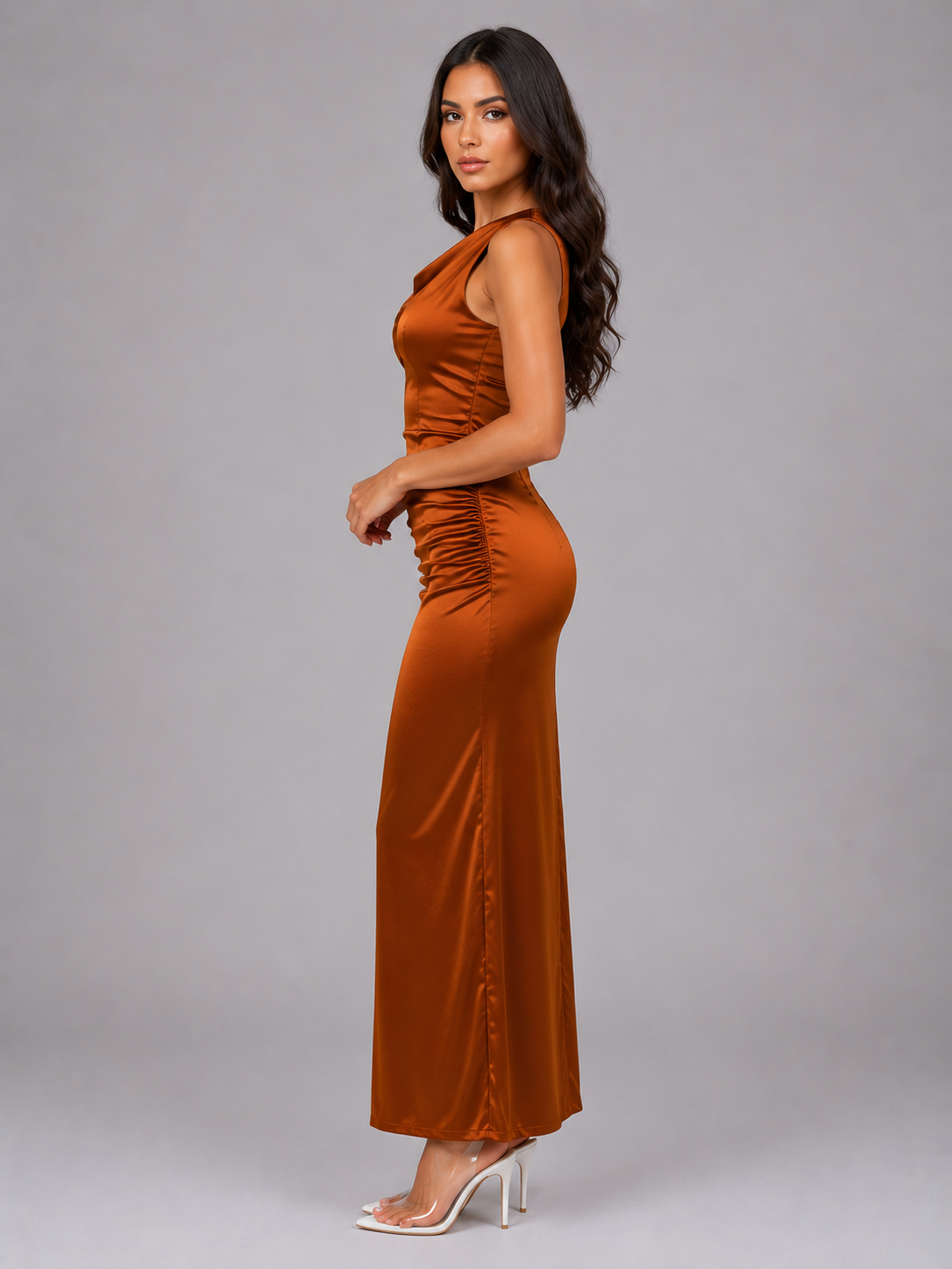 Women's Satin Feel Ruched Maxi Dress – Sleeveless Bodycon Evening Style