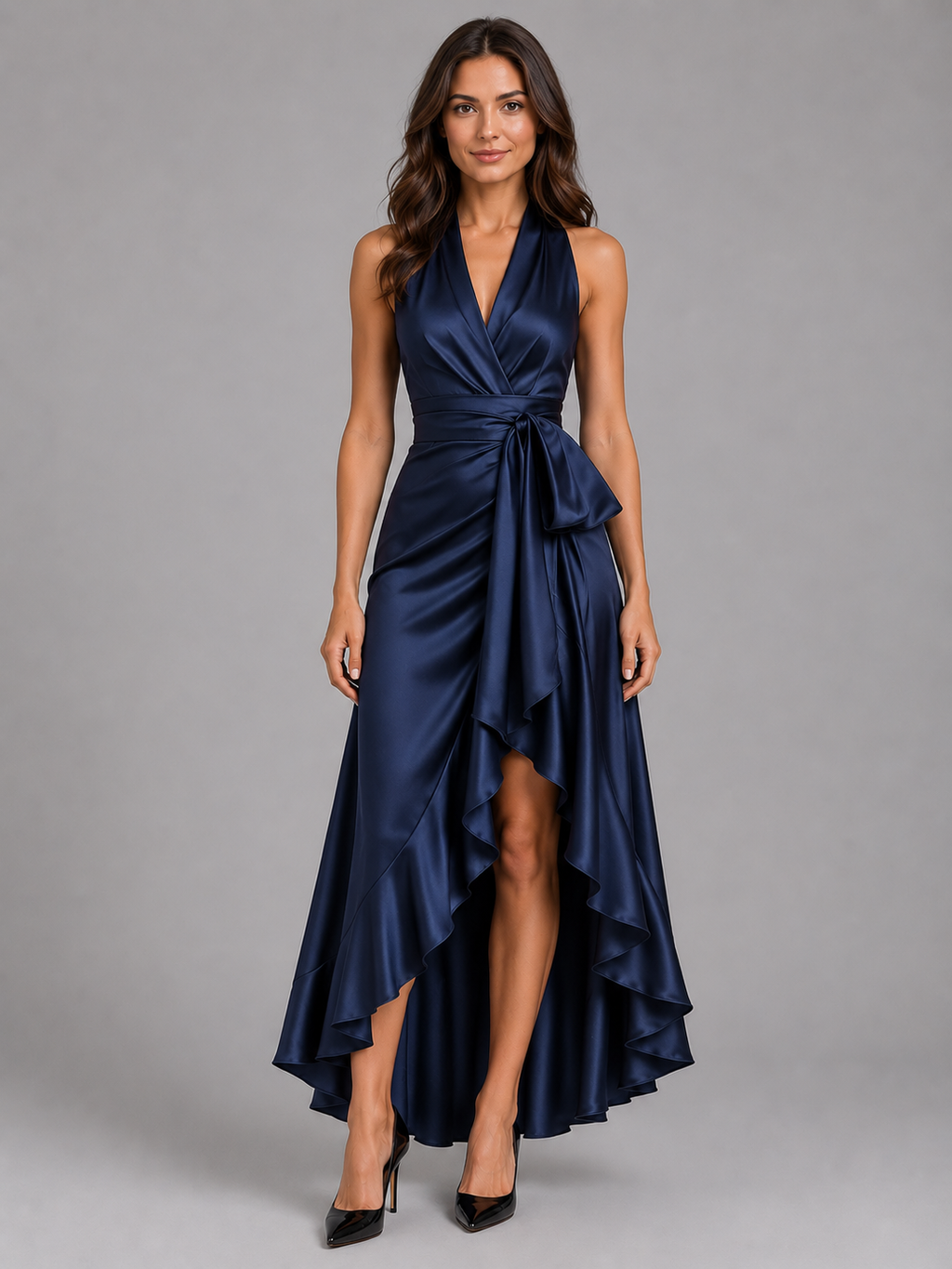 Women’s Satin Feel Ruffle Halter Maxi Dress – Evening Gown