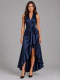 Women’s Satin Feel Ruffle Halter Maxi Dress – Evening Gown
