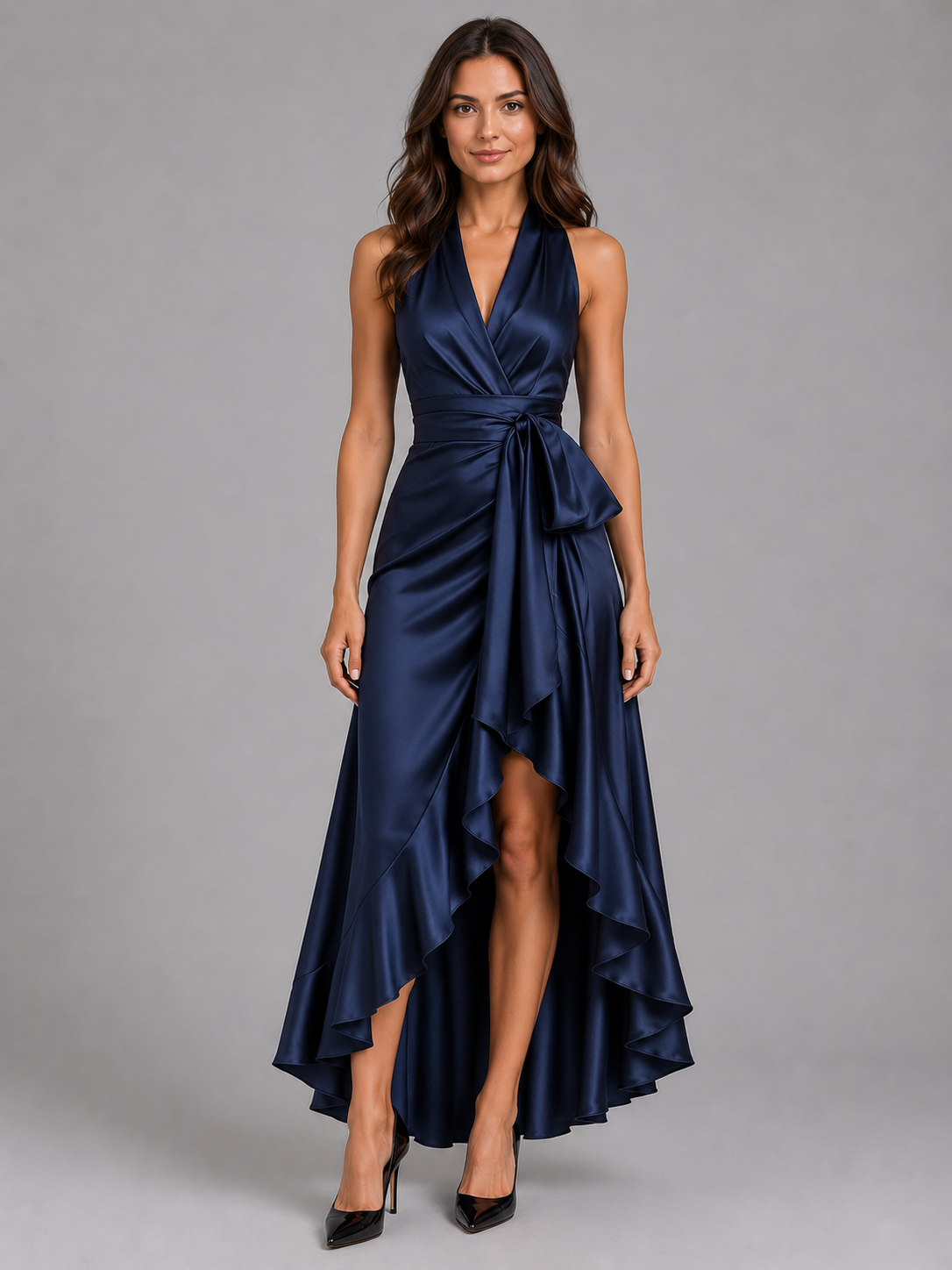 Women’s Satin Feel Ruffle Halter Maxi Dress – Evening Gown
