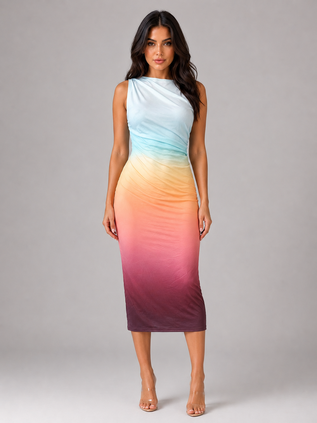 Women's Sleeveless Bodycon Midi Dress – Ruched Waist Style