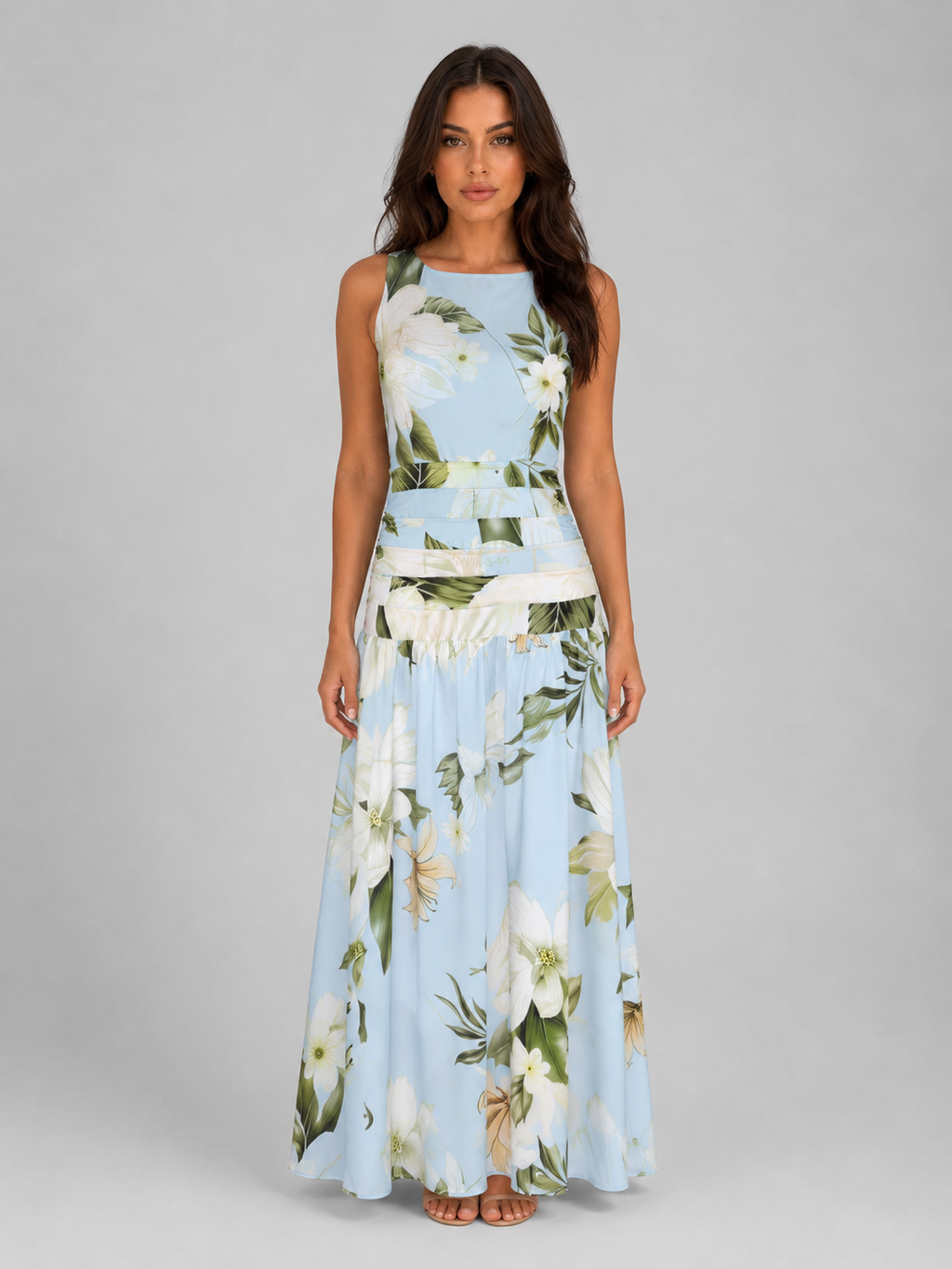 Women's Sleeveless Floral Maxi Dress – Boat Neck & Defined Waist