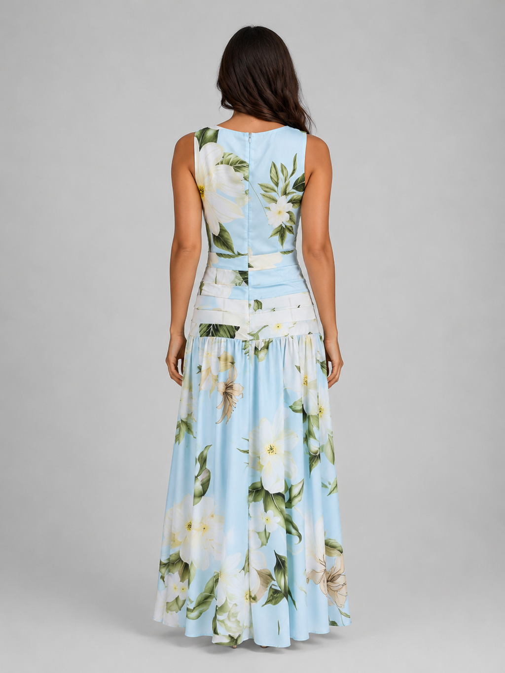 Women's Sleeveless Floral Maxi Dress – Boat Neck & Defined Waist