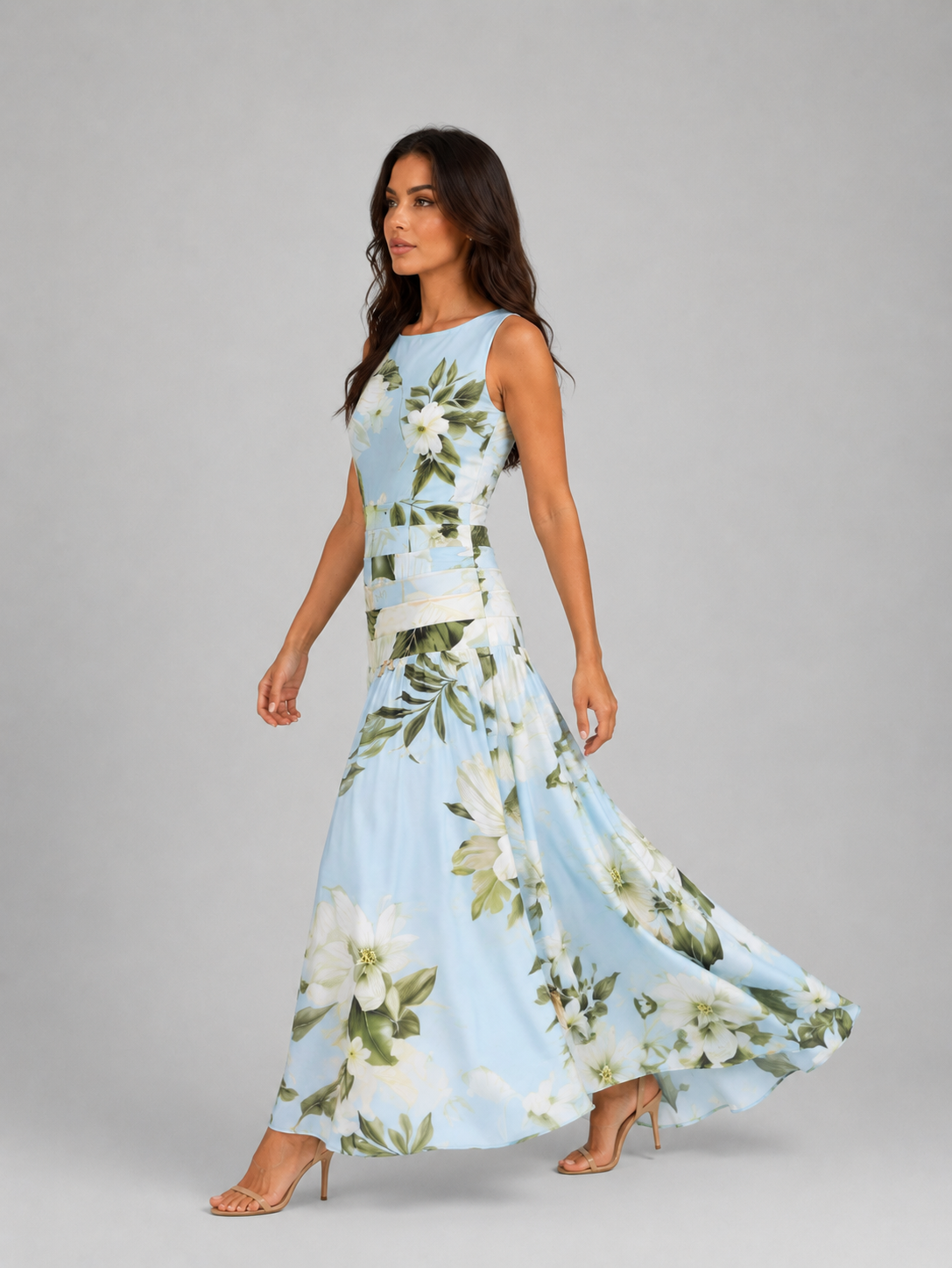 Women's Sleeveless Floral Maxi Dress – Boat Neck & Defined Waist