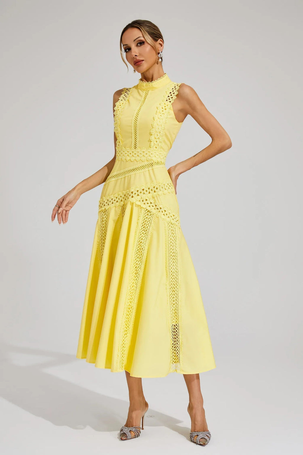 Women's Sleeveless Lace Midi Dress – Elegant Silhouette