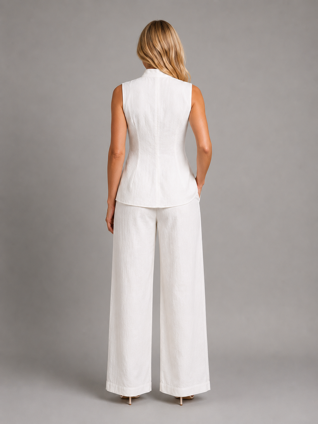 Women's Sleeveless Co-Ord Set – High Neck Button Top & Wide Leg Trousers