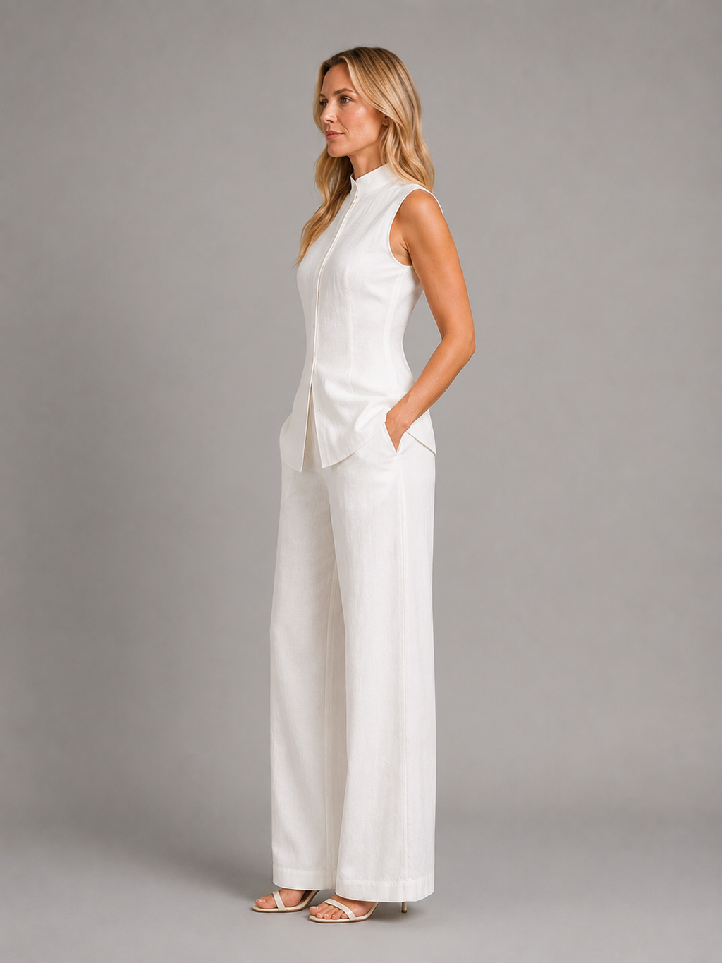 Women's Sleeveless Co-Ord Set – High Neck Button Top & Wide Leg Trousers