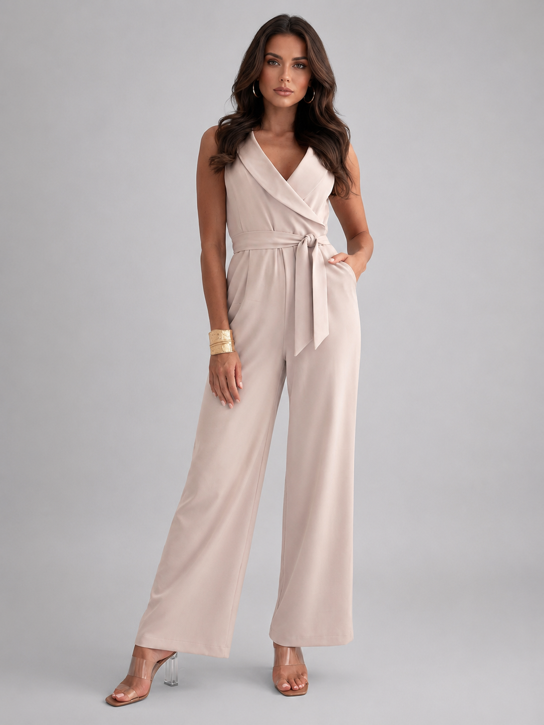Women’s Sleeveless Wide Leg Jumpsuit – Elegant Tie Waist Style