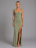 Women’s Square Neck Side Split Maxi Dress – Elegant Occasion Style