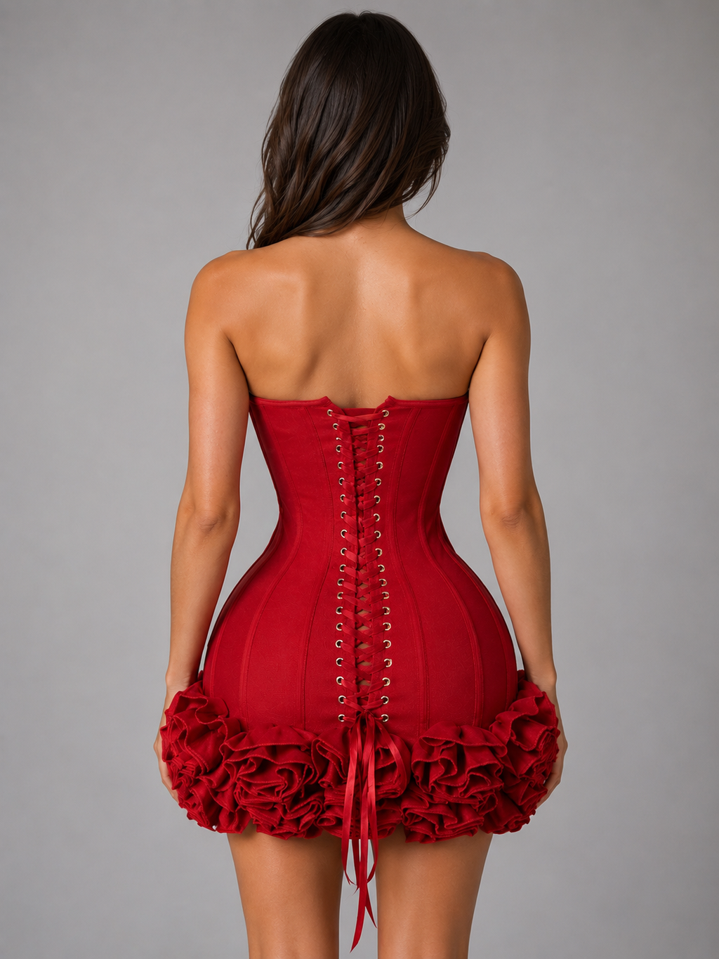 Women’s Strapless Corset Mini Dress – 3D Floral Appliqué Party Style