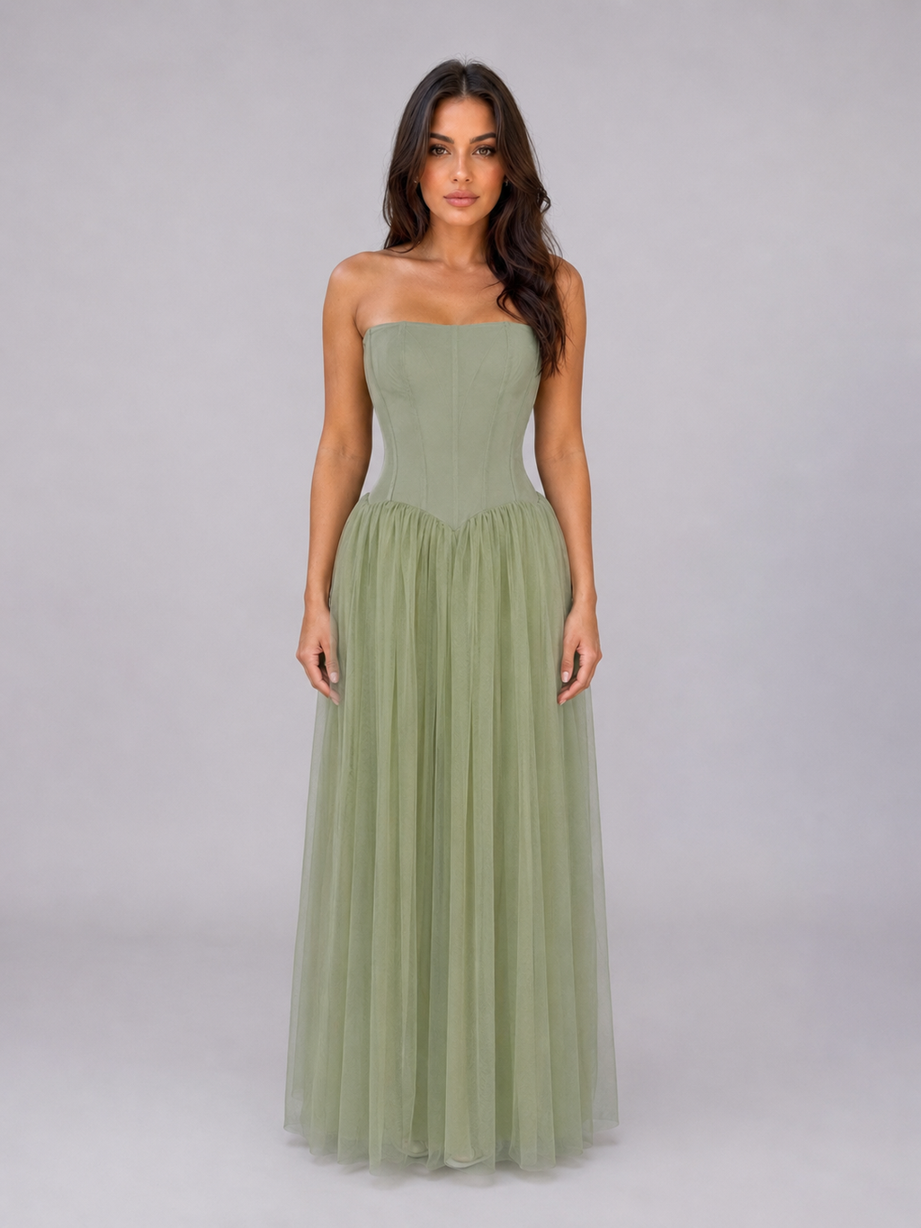 Women's Strapless Corset Tulle Maxi Dress – Sculpted Evening Gown
