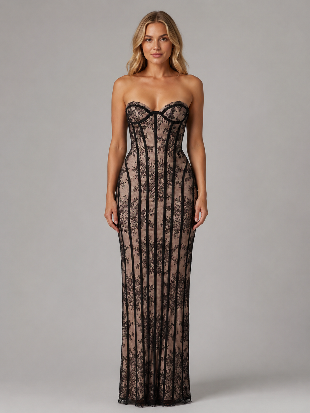 Women's Strapless Lace Corset Maxi Dress – Elegant Evening Gown