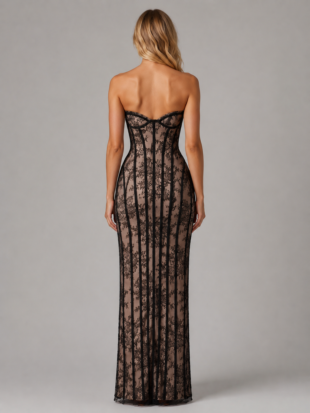 Women's Strapless Lace Corset Maxi Dress – Elegant Evening Gown