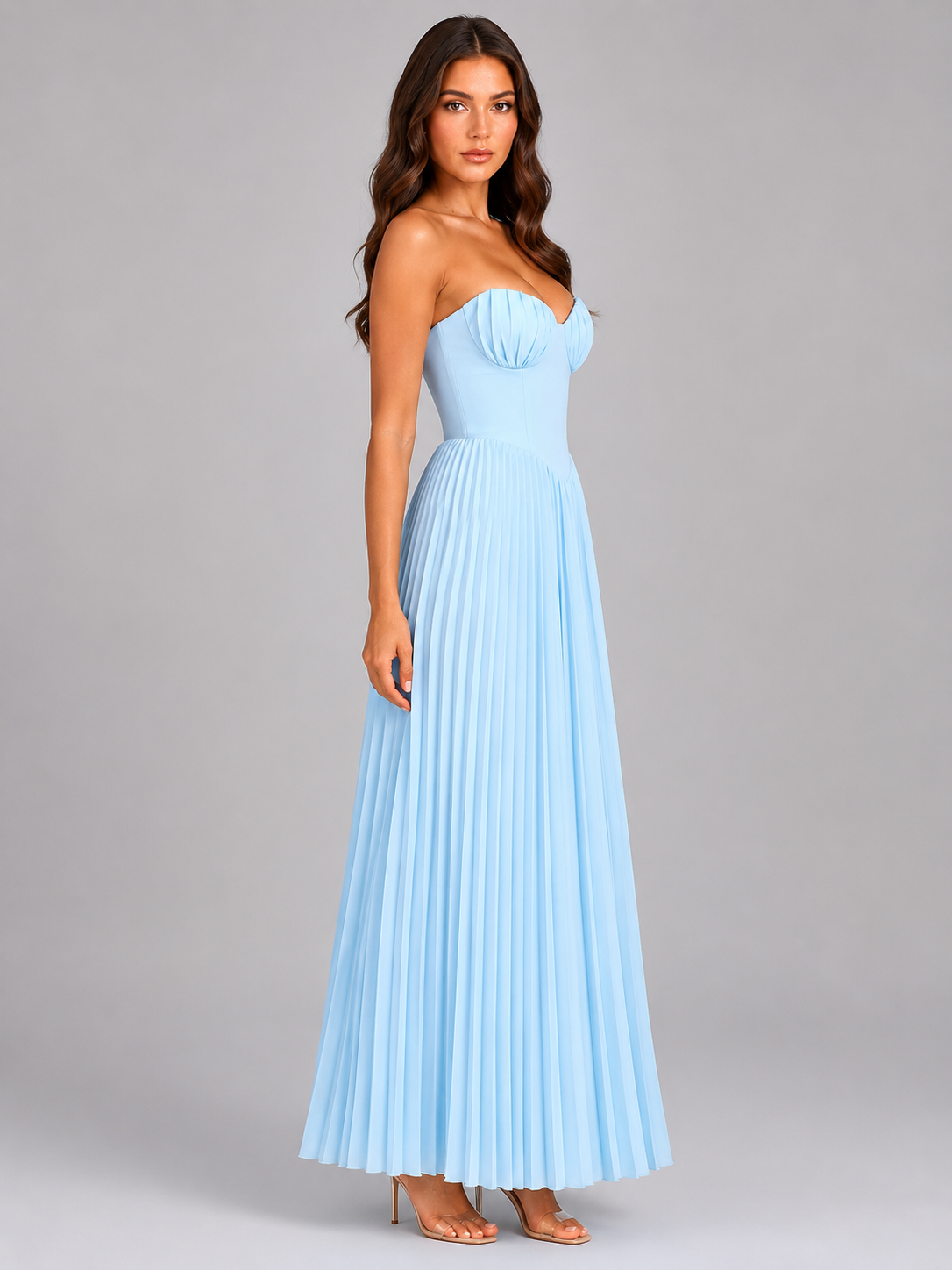 Women’s Strapless Pleated Maxi Dress – Wedding Guest Gown