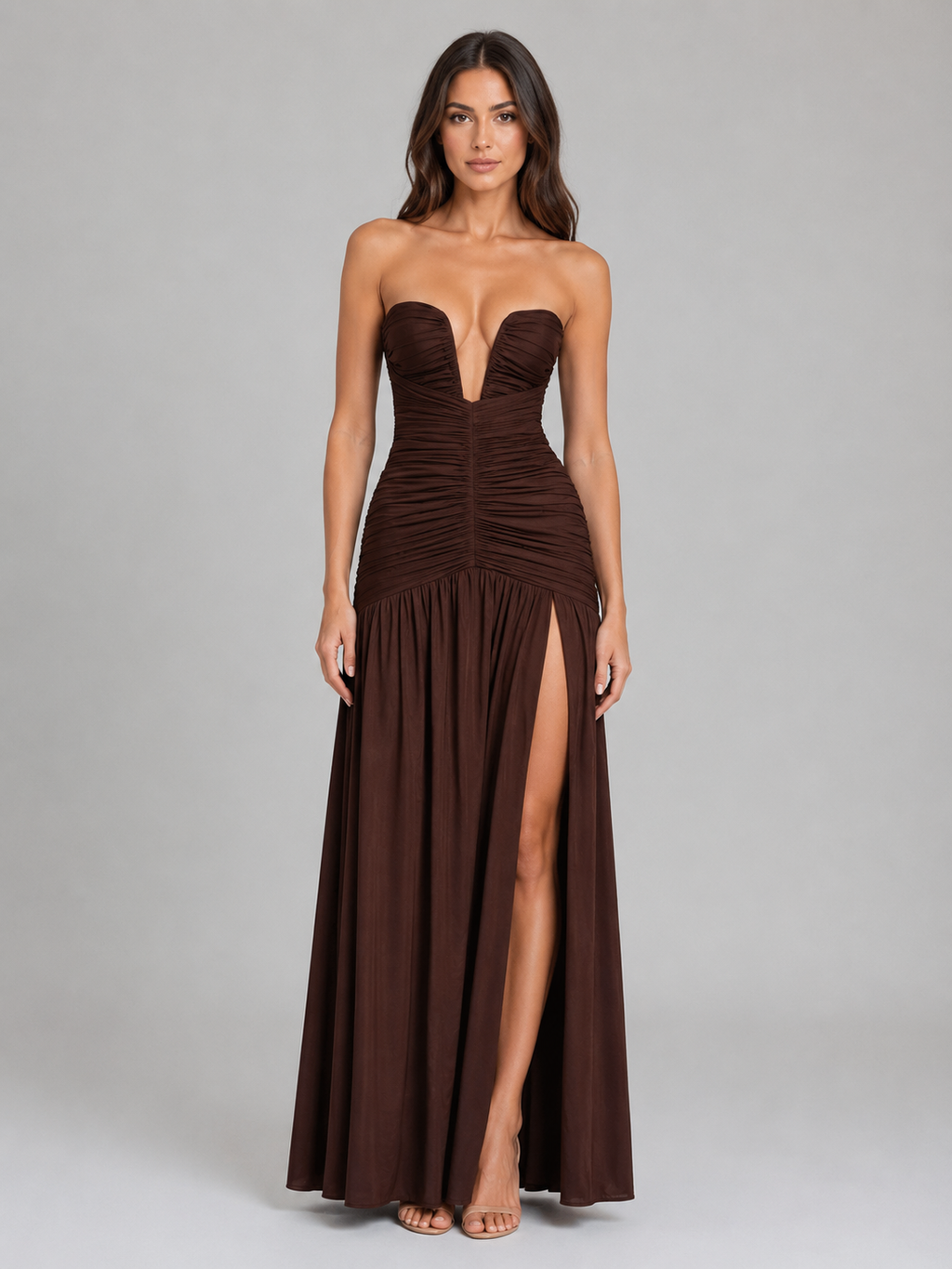 Women’s Strapless Ruched Maxi Dress – Wedding Guest Gown