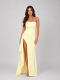 Women’s Strapless Ruched Maxi Dress with Thigh Split – Elegant Occasion Style
