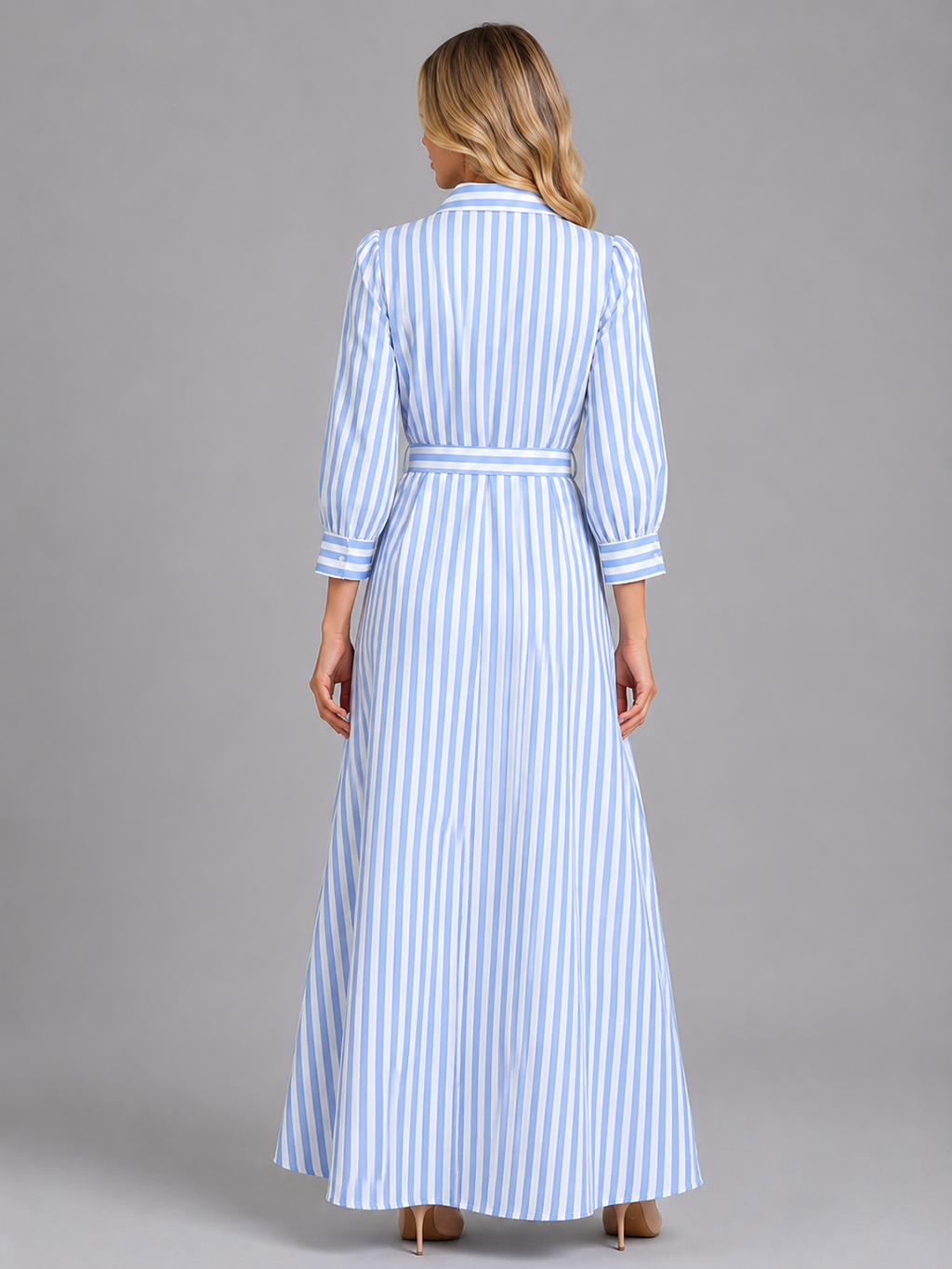 Women's Striped Belted Shirt Maxi Dress – Long Sleeve Button Front