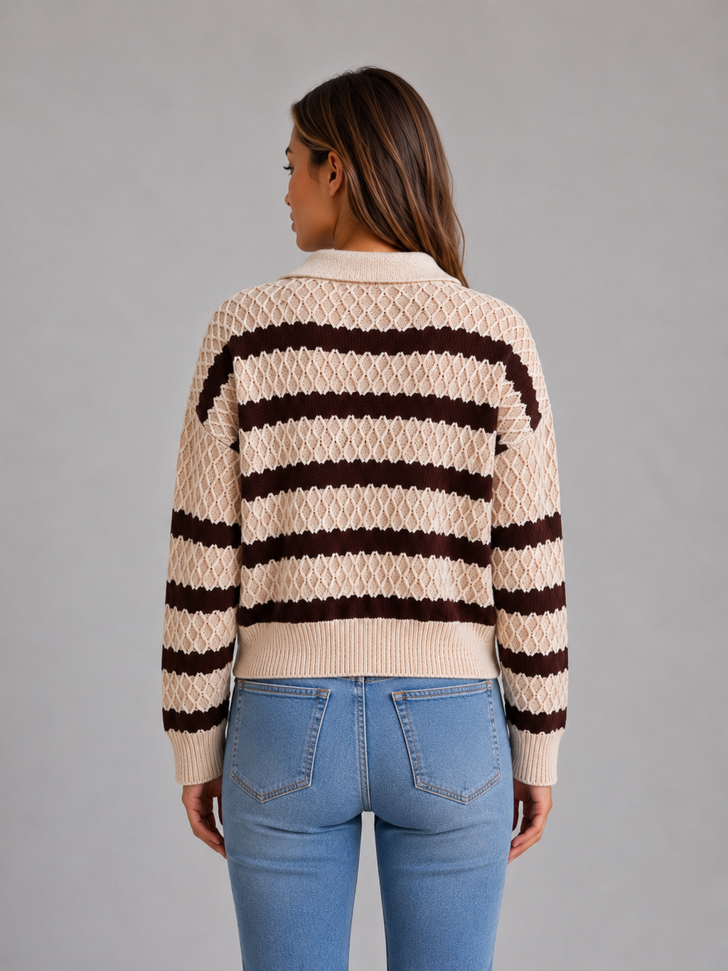 Women's Striped Polo Jumper – Textured Knit Sweater