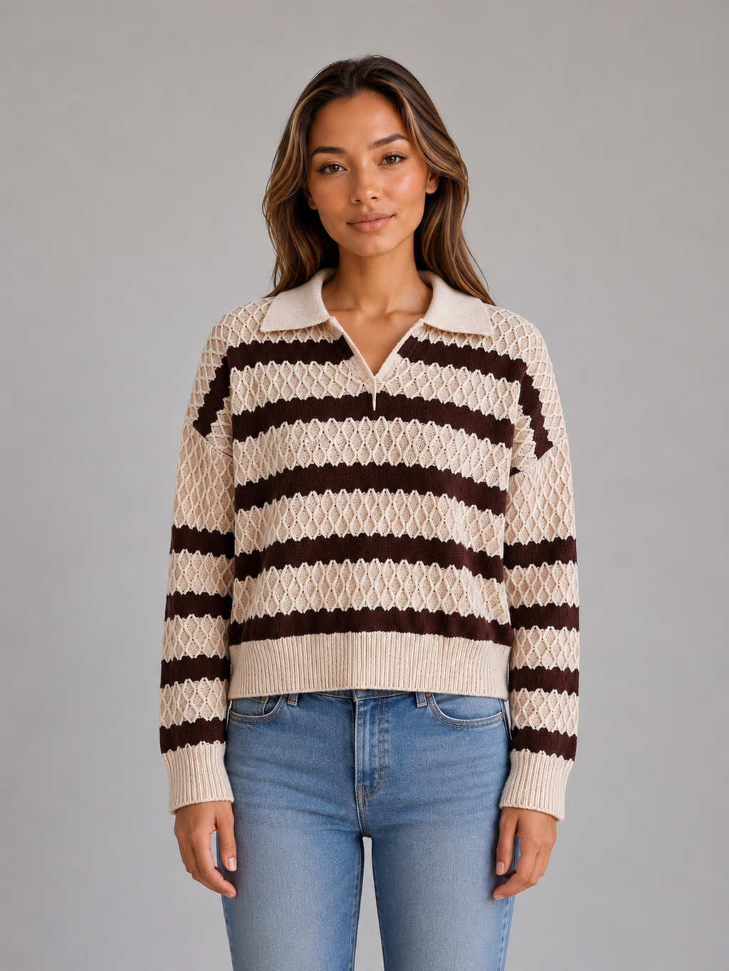 Women's Striped Polo Jumper – Textured Knit Sweater