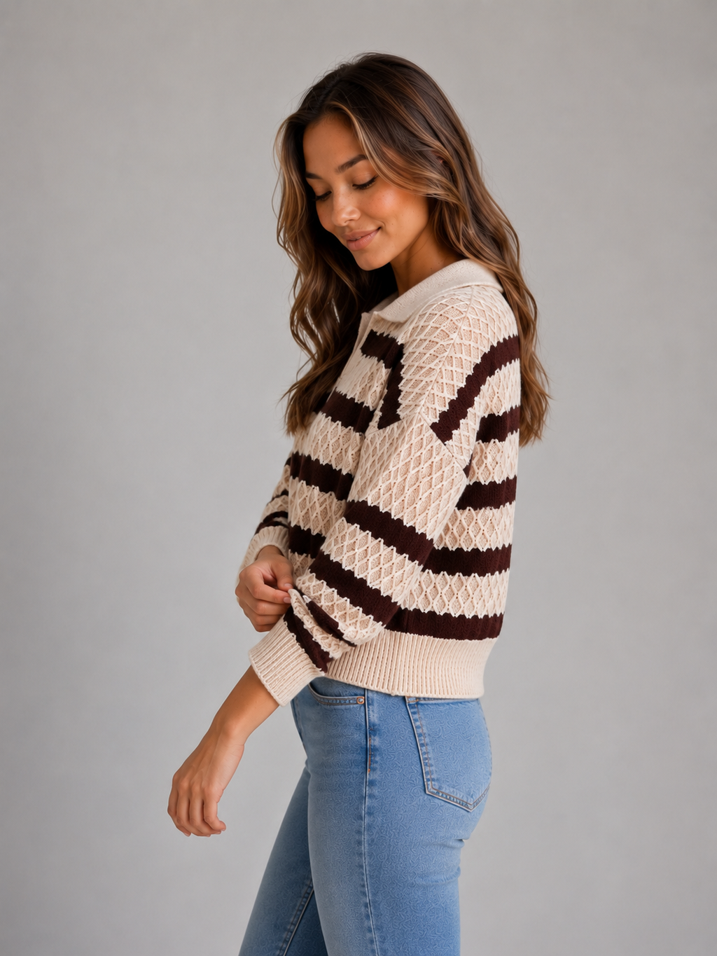 Women's Striped Polo Jumper – Textured Knit Sweater