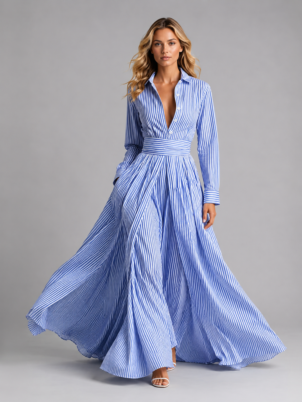 Women’s Cotton Striped Shirt Maxi Dress – Cinched Waist Flowing Style
