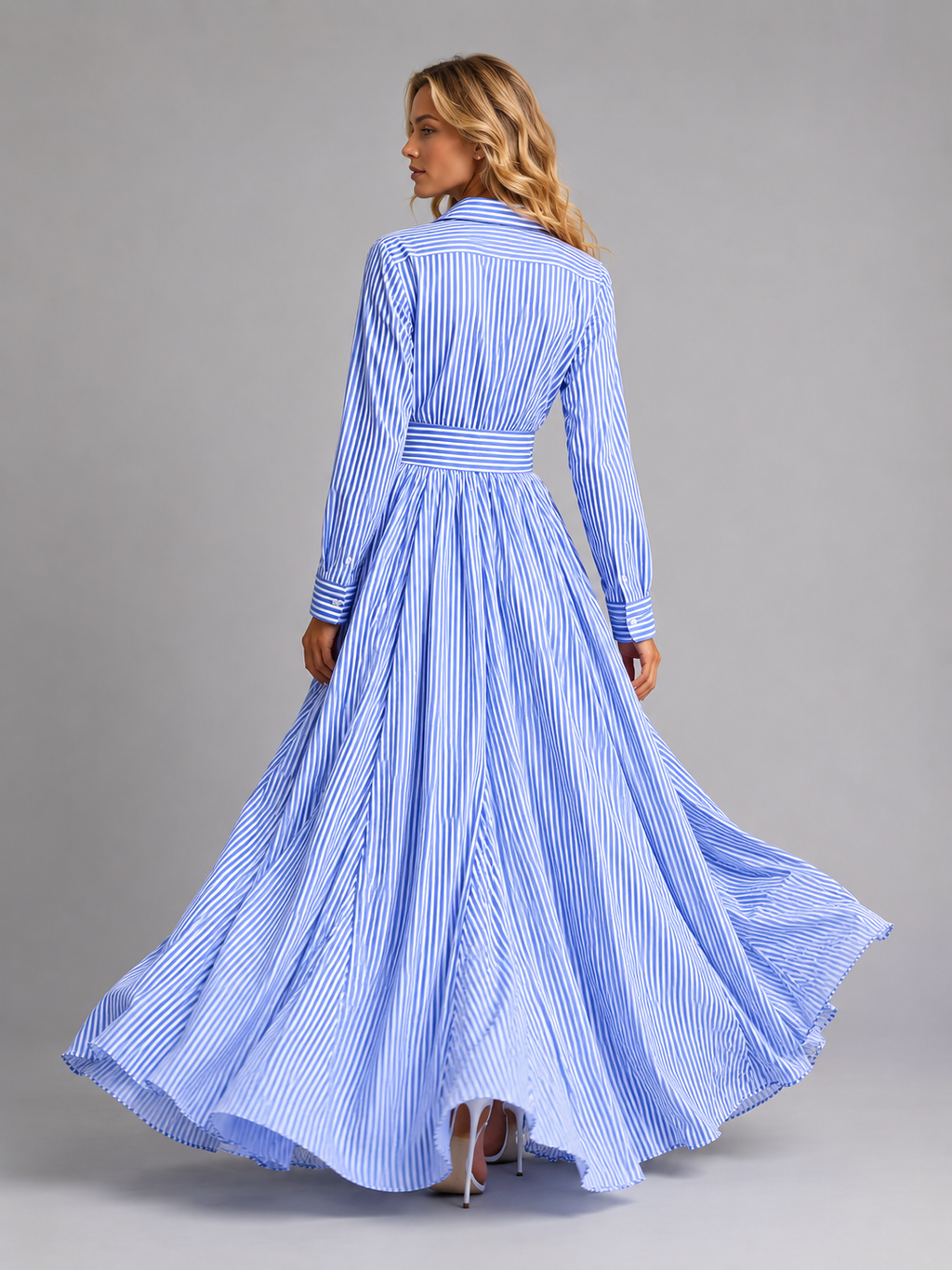 Women’s Cotton Striped Shirt Maxi Dress – Cinched Waist Flowing Style