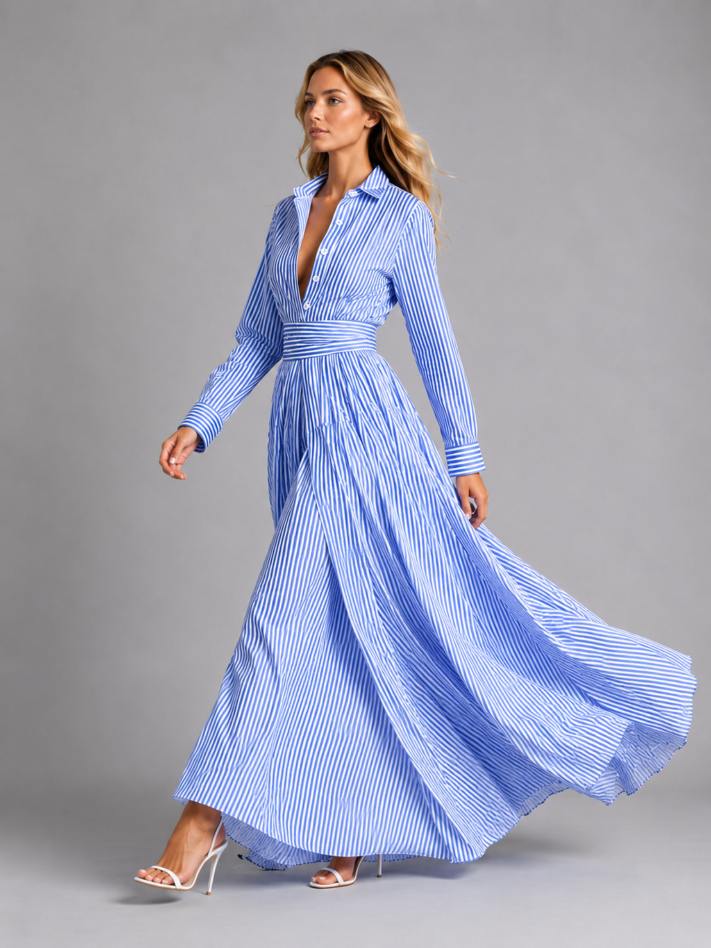 Women’s Cotton Striped Shirt Maxi Dress – Cinched Waist Flowing Style