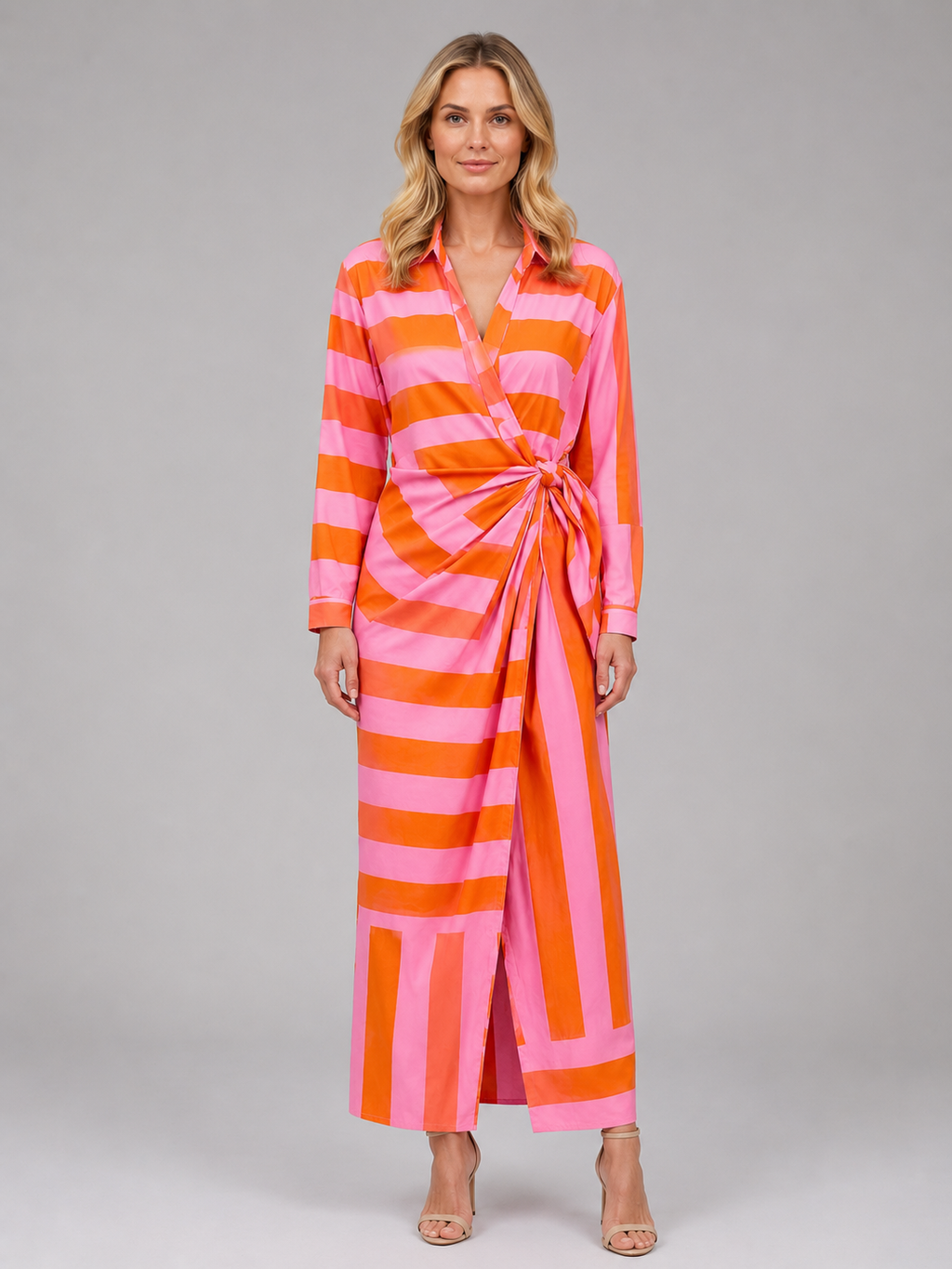 Women’s Striped Twist-Knot Midi Dress – Summer Shirt Dress