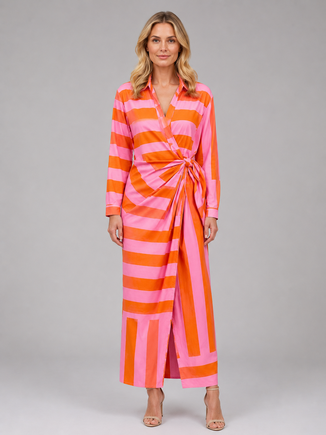 Women’s Striped Twist-Knot Midi Dress – Summer Shirt Dress