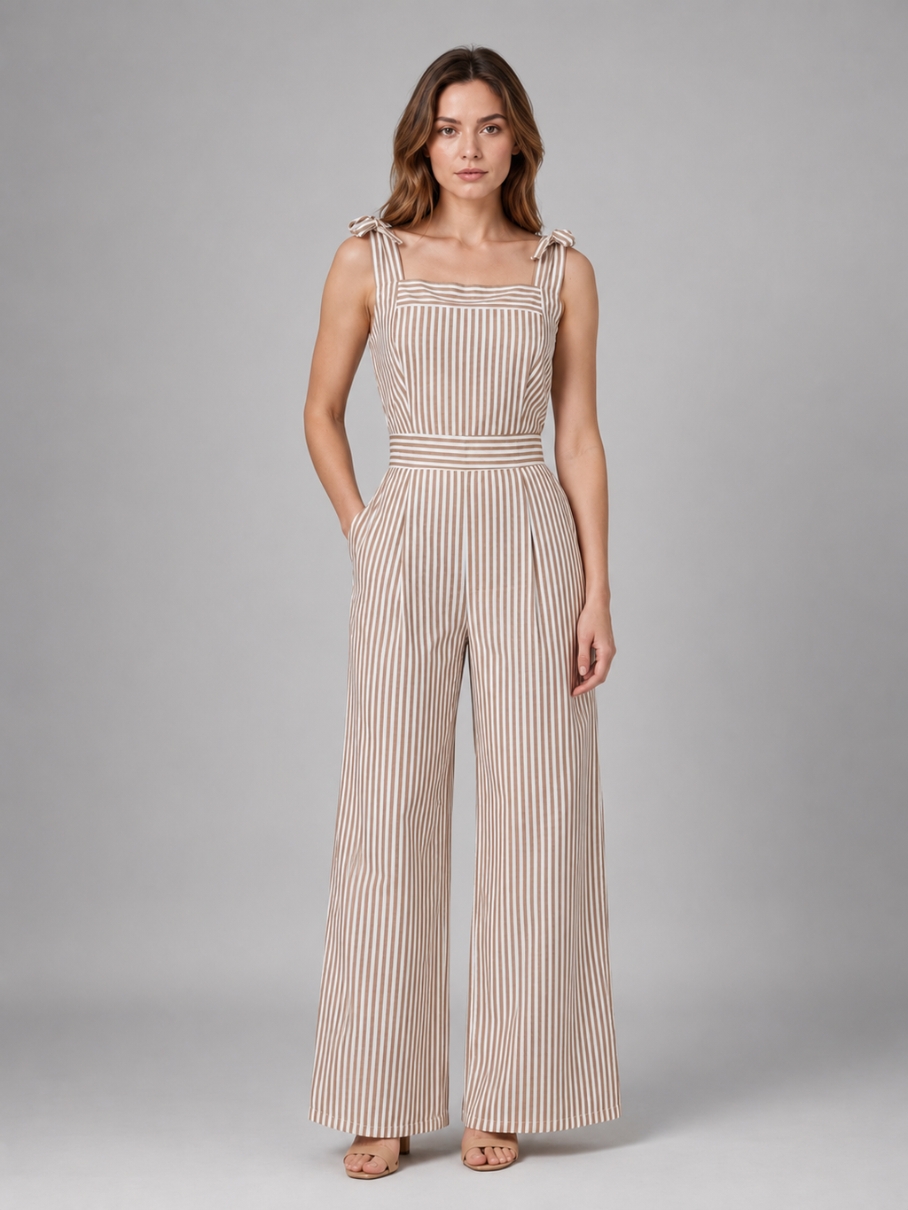 Women's Striped Wide Leg Jumpsuit – Tie Shoulder Summer Outfit
