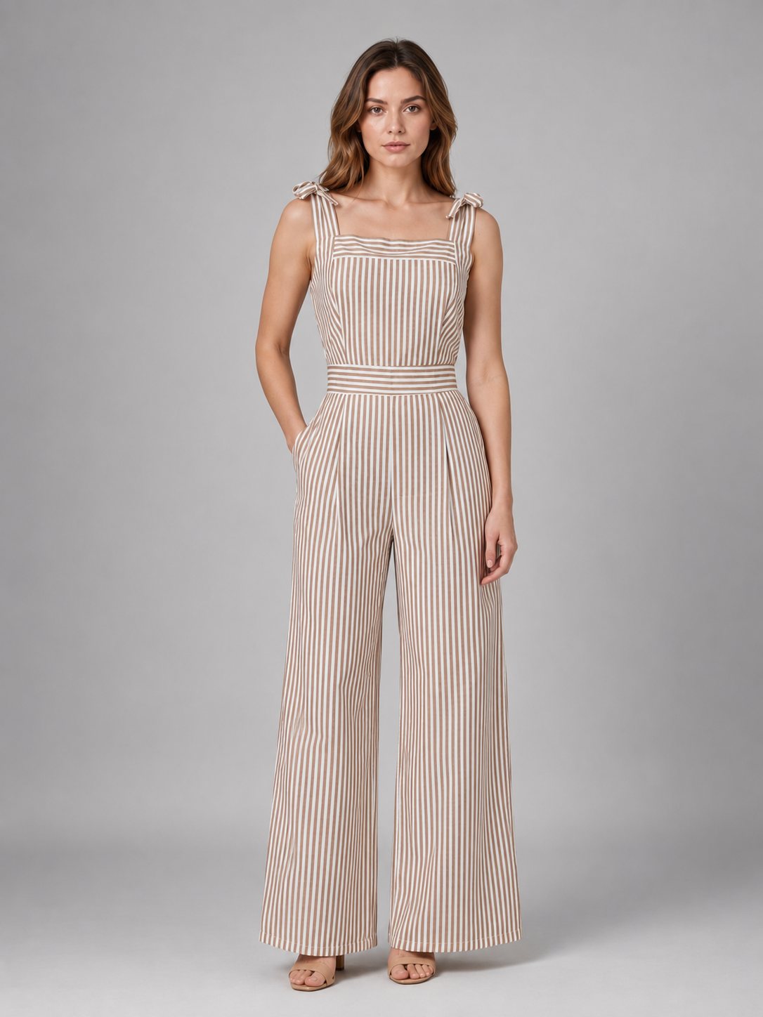 Women's Striped Wide Leg Jumpsuit – Tie Shoulder Summer Outfit