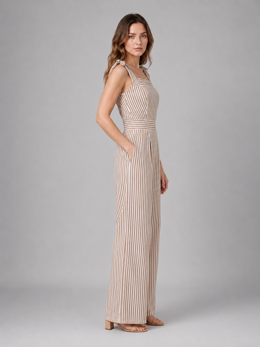Women's Striped Wide Leg Jumpsuit – Tie Shoulder Summer Outfit