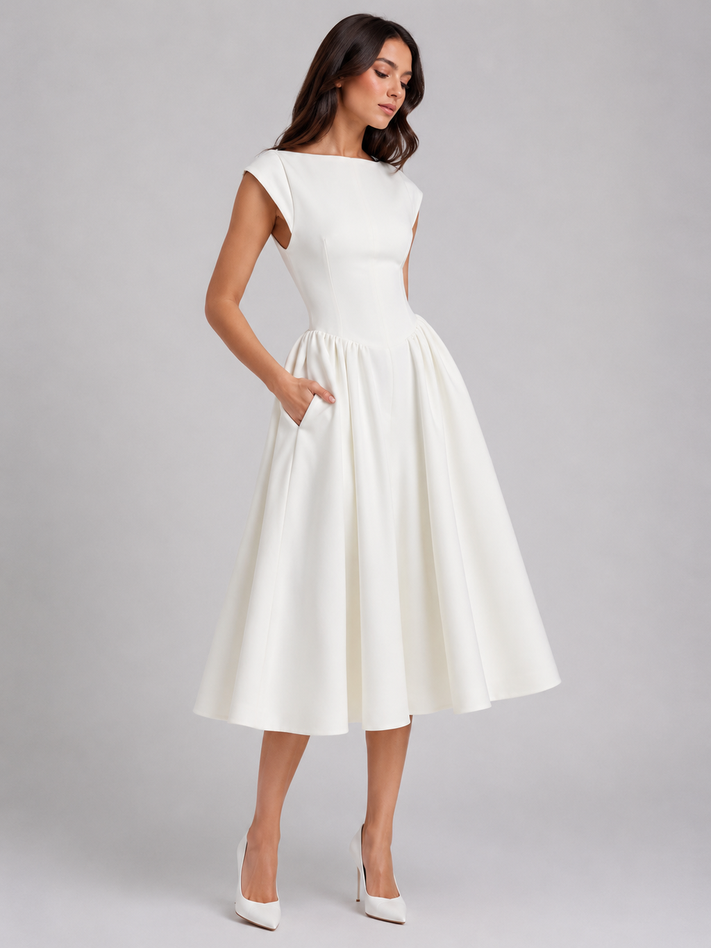 Women’s Structured Cap Sleeve Midi Dress – Elegant Occasion Style