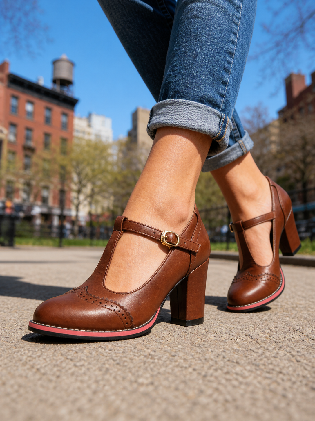 Women’s T-Bar Brogue Block Heel Shoes – Classic Leather Look Style