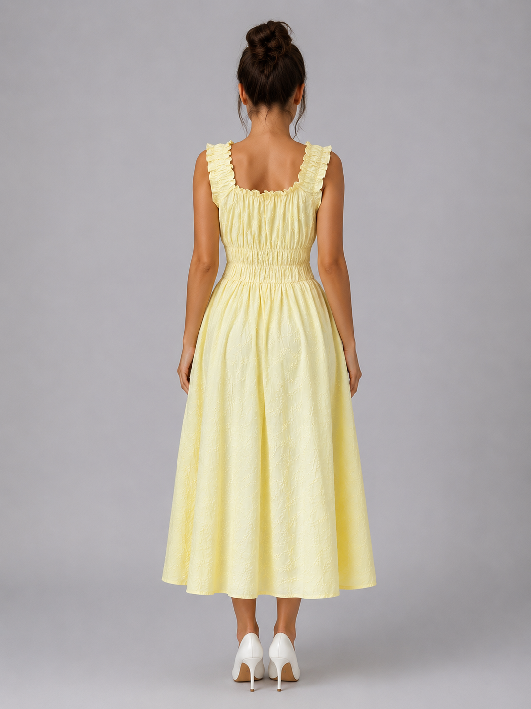 Women’s Textured Floral Midi Dress – Shirred Waist & Ruffle Detail