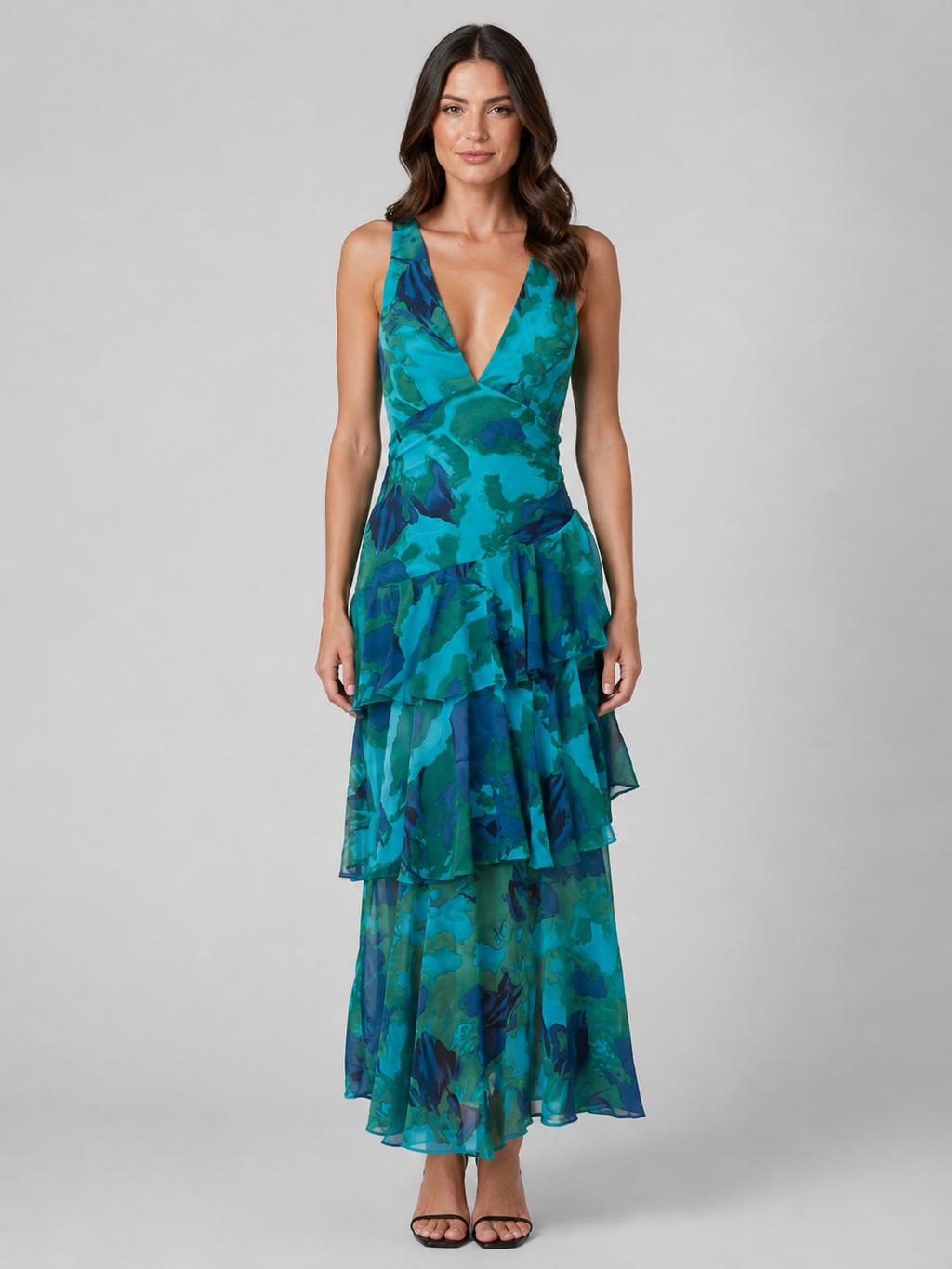 Women’s Tiered Ruffle V-Neck Maxi Dress – Flowing Silhouette