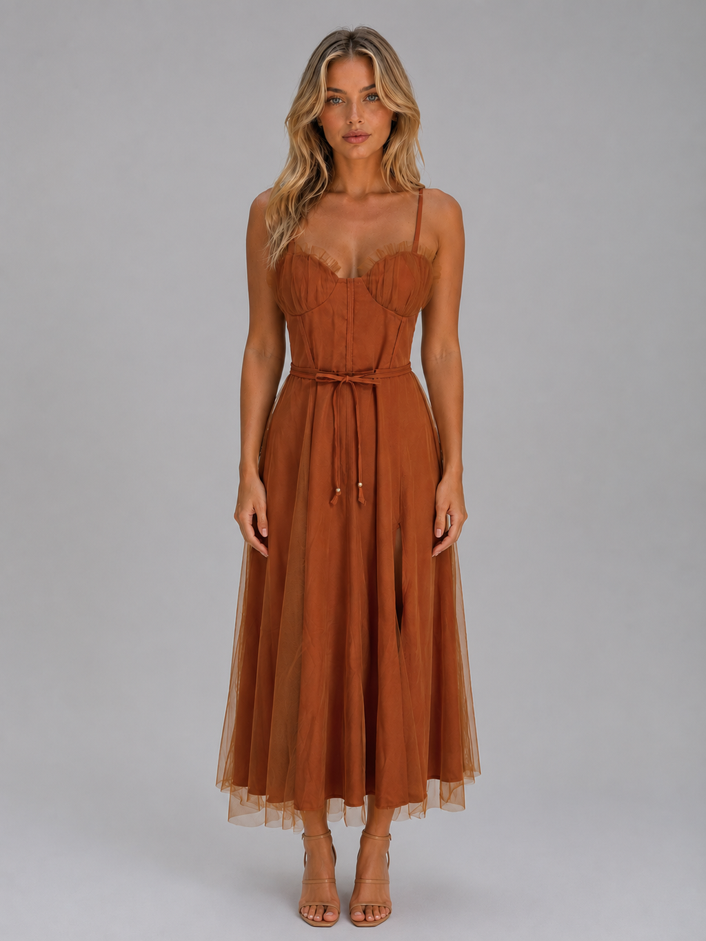 Women's Tulle Corset Midi Dress – Tie Waist & Sculpted Silhouette