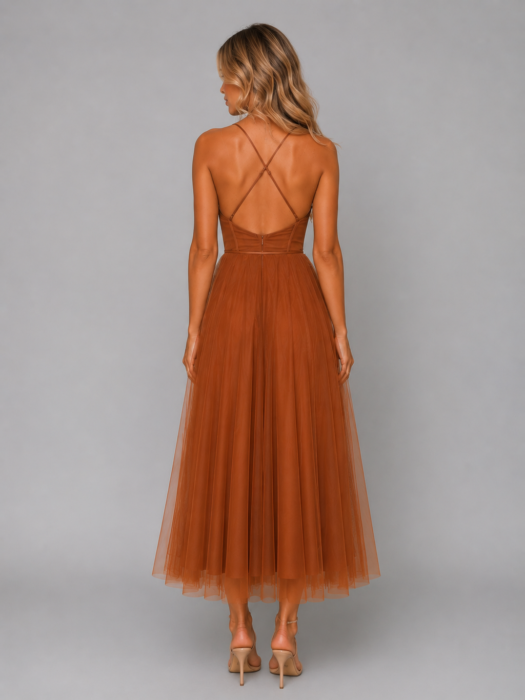Women's Tulle Corset Midi Dress – Tie Waist & Sculpted Silhouette