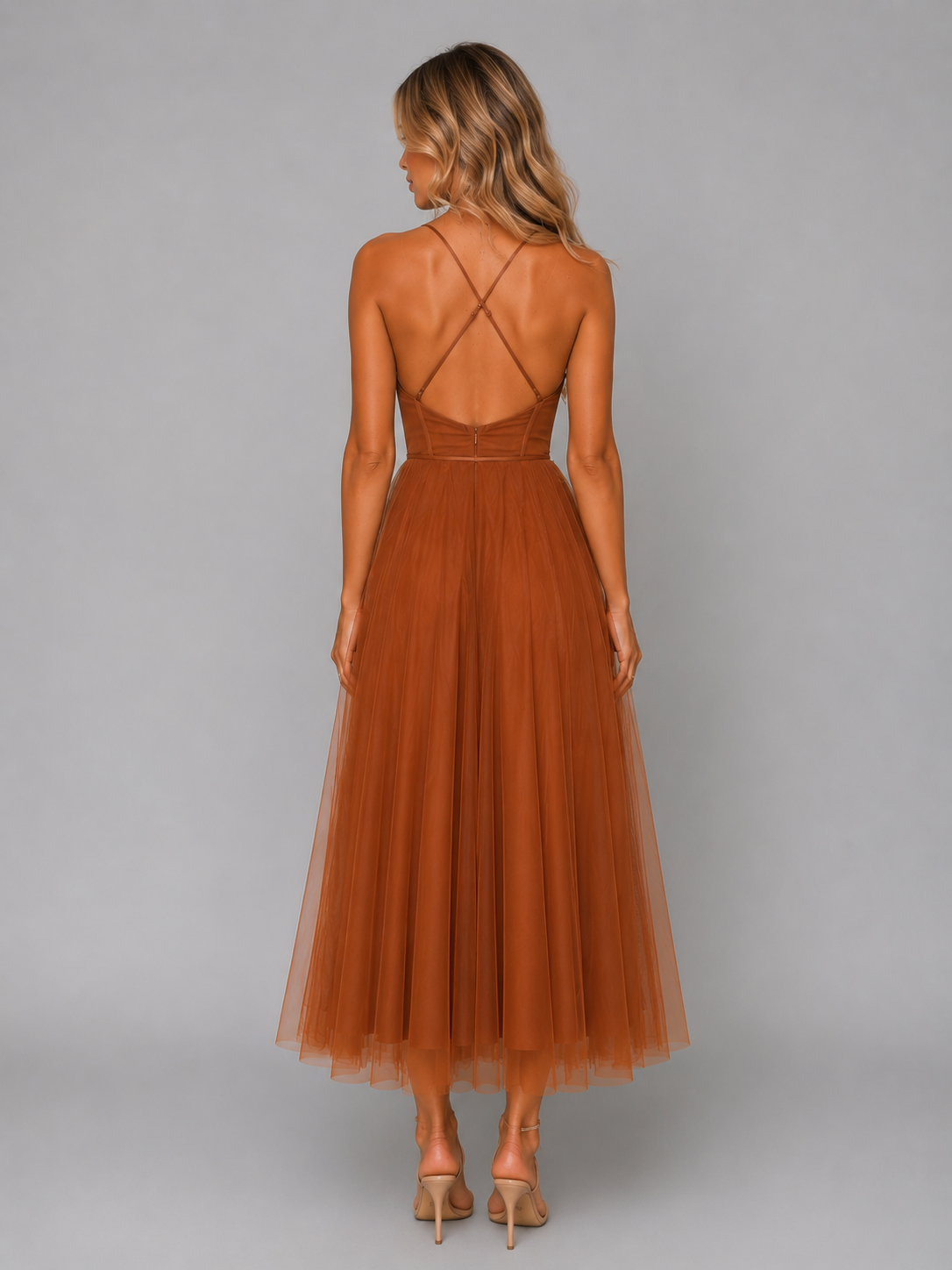 Women's Tulle Corset Midi Dress – Tie Waist & Sculpted Silhouette