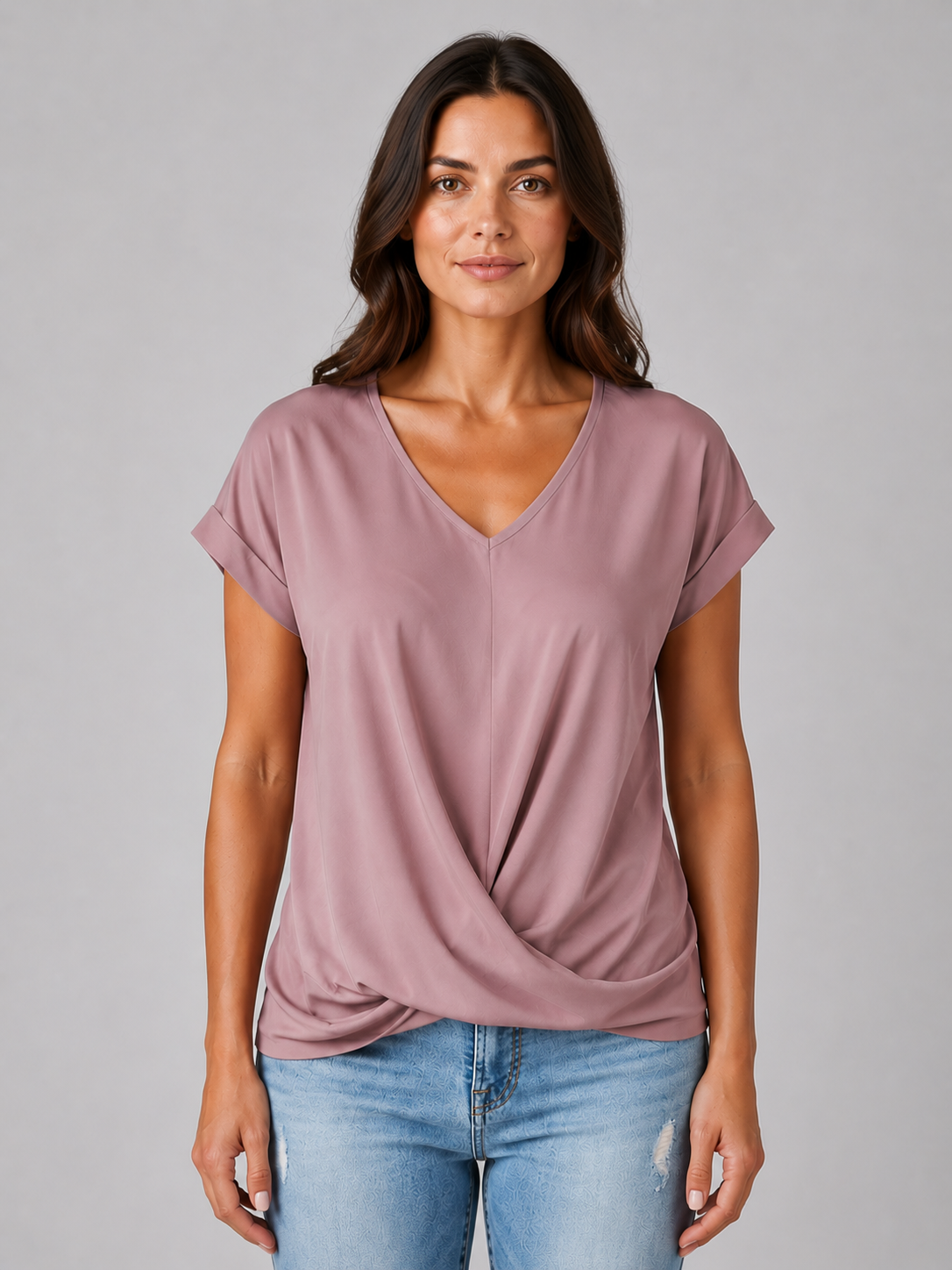 Women's V-Neck Draped T-Shirt – Relaxed Short Sleeve Top