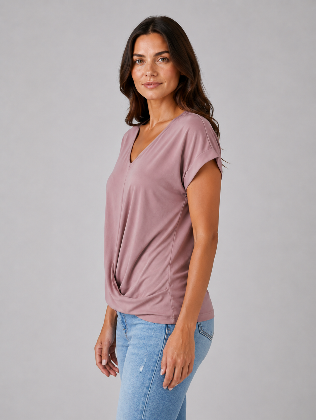 Women's V-Neck Draped T-Shirt – Relaxed Short Sleeve Top