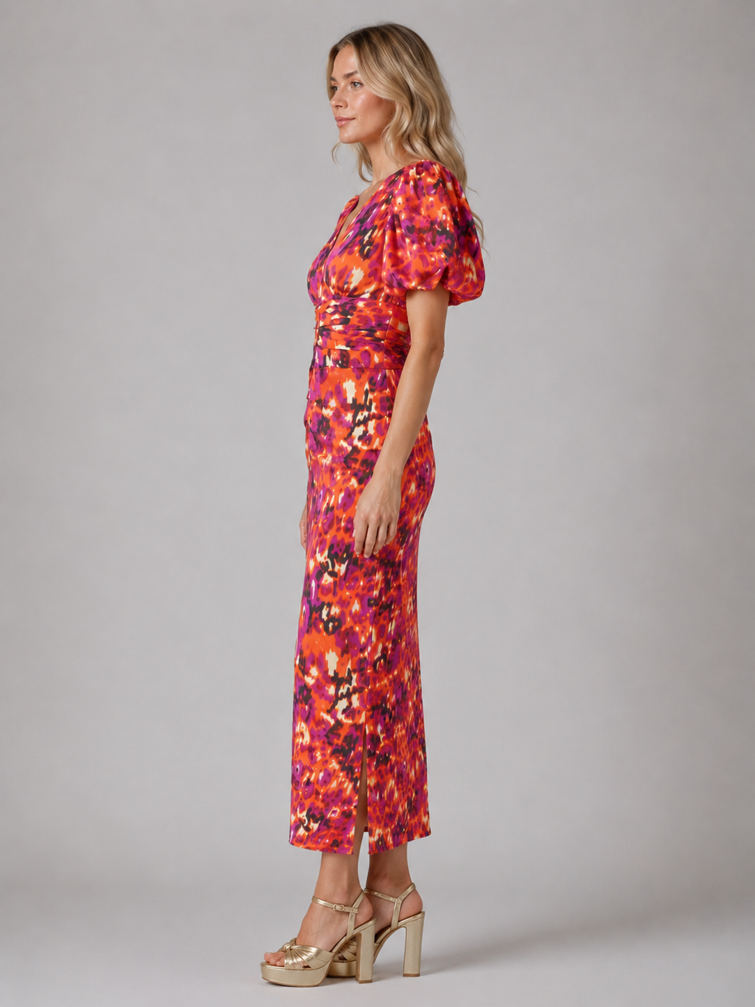 Women’s V-Neck Puff Sleeve Midi Dress –  Summer Occasion Style