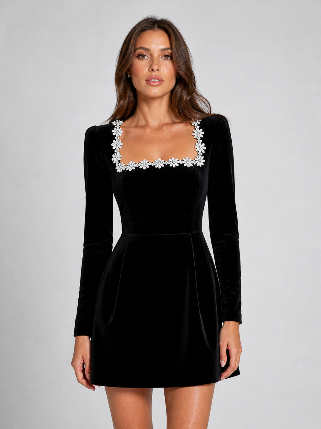 Women's Velvet Mini Dress – Crystal Embellished Square Neck Evening Dress