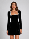 Women's Velvet Mini Dress – Crystal Embellished Square Neck Evening Dress